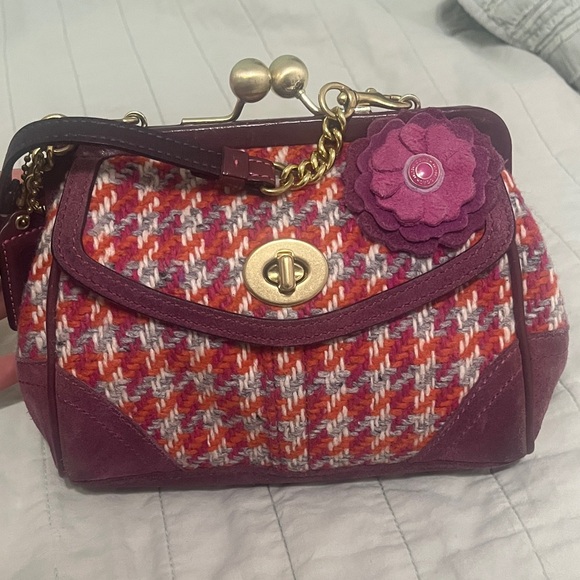 Vintage Coach Kisslock wool suede houndstooth pink purple 8F45 Hamilton - Picture 1 of 9